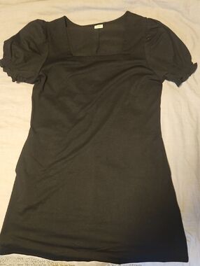 RUMIA Black Square Neck Puff Sleeve Mini Dress Whimsigoth